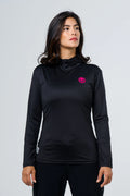 Jersey capucha dama negro fondo entero (logo fucsia)