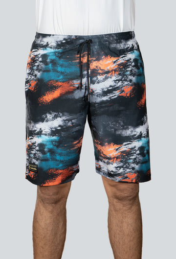 Pantaloneta licrada cierre bolsillos cammo mancha azul naranja negro