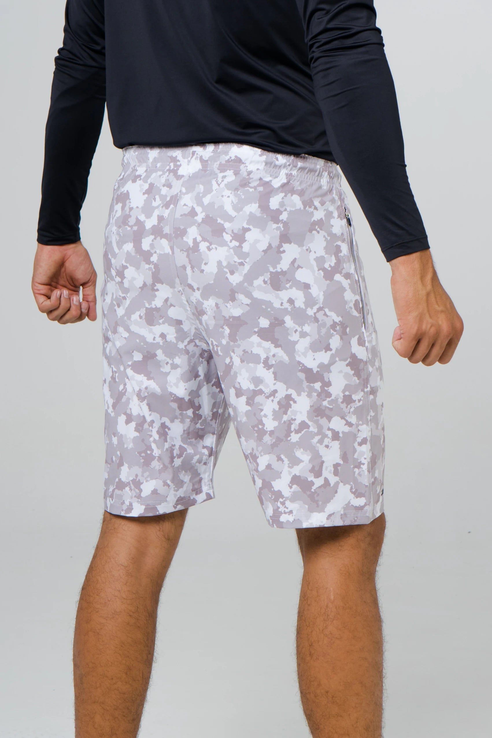 Pantaloneta licrada cierre bolsillos cammo militar blanco gris
