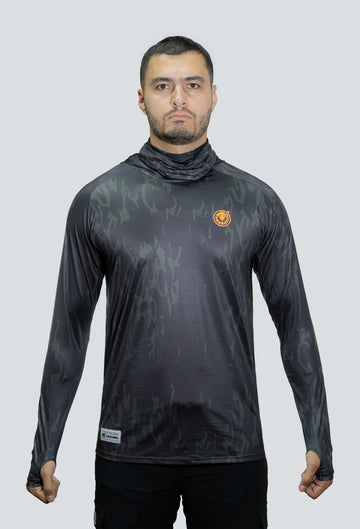 Jersey tecnico UV con proteccion facial integrada cammo militar black tex