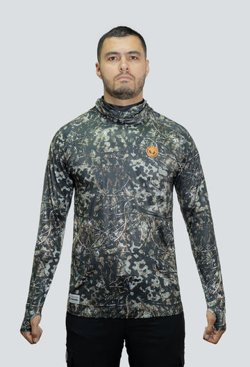 Jersey tecnico UV con proteccion facial integrada cammo pantanoso