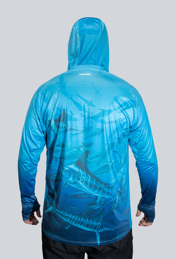 Jersey tecnico UV con proteccion facial integrada marlin cardumen fondo azul
