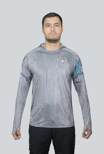 Jersey capucha amplia tucunare mapa Topocoro fondo gris