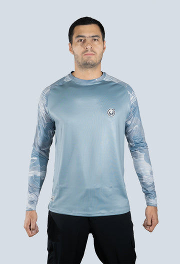 jersey cuello redondo camuflado gris azul lineas